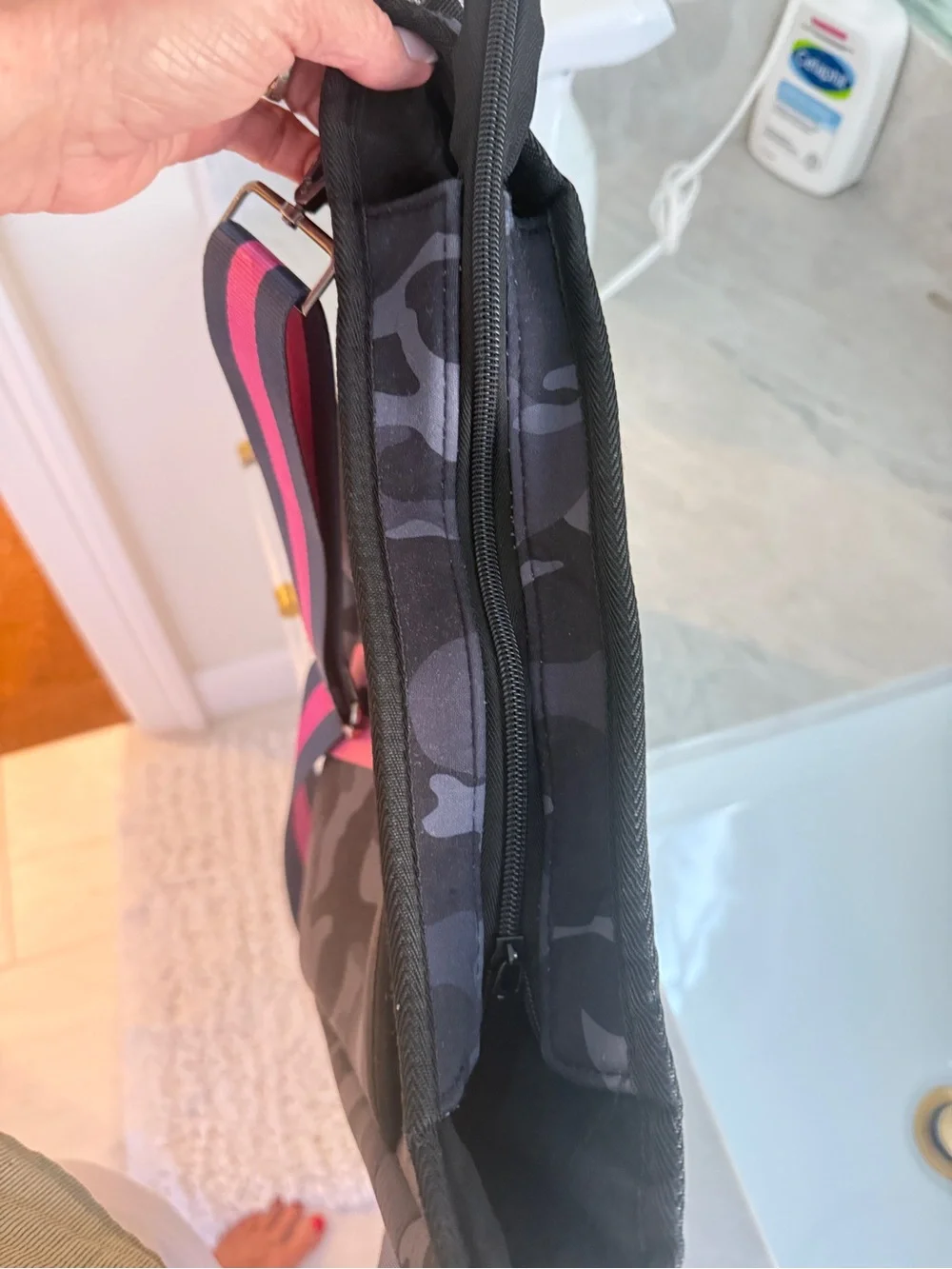 HAUTE SHORE Black Camo Crossbody with Pink Stripe Accent